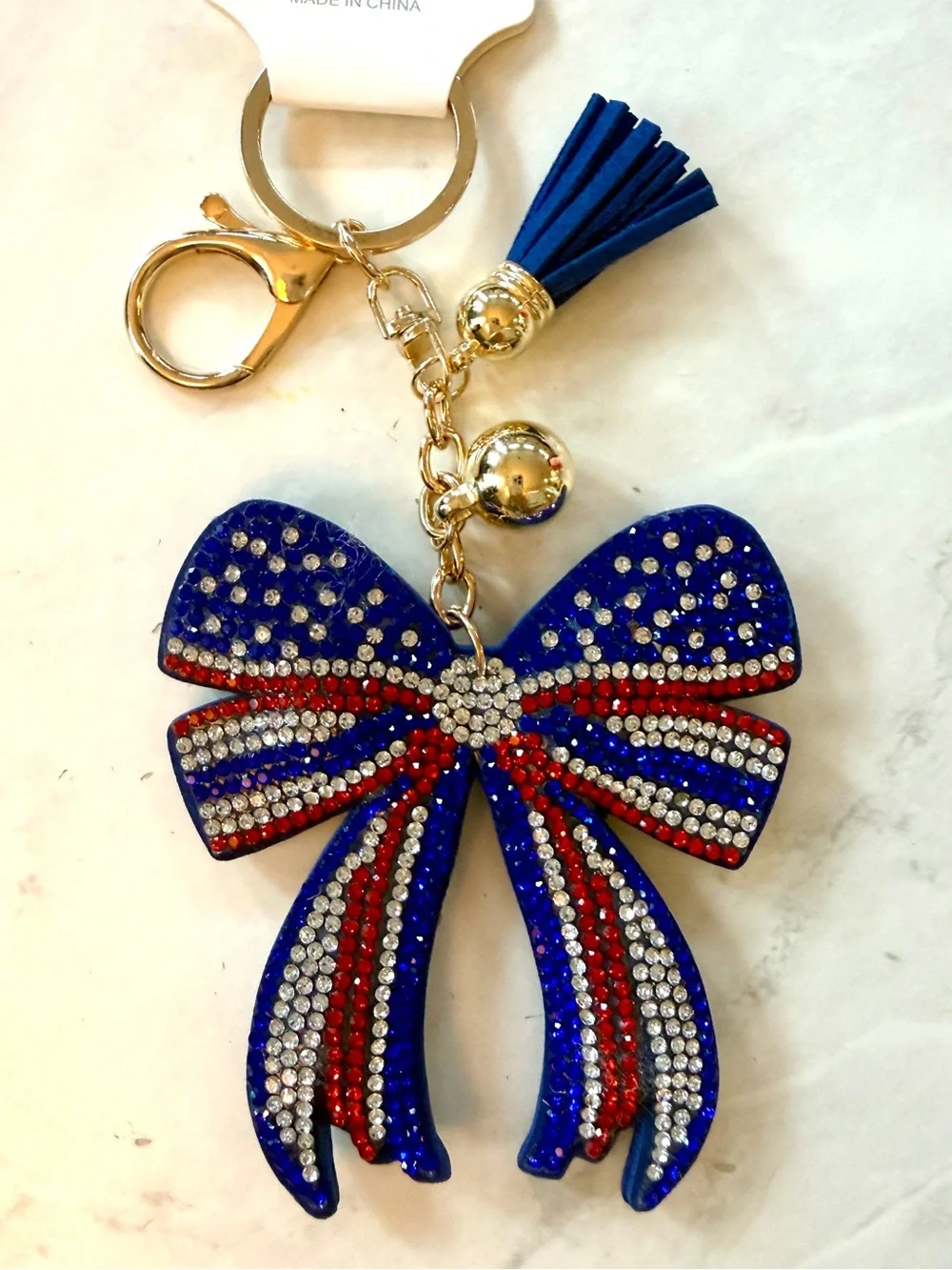 ✨ NWT USA Patriotic Rhinestone Crystal Coquette Bow Puffy Keychain & Bag Charm ✨